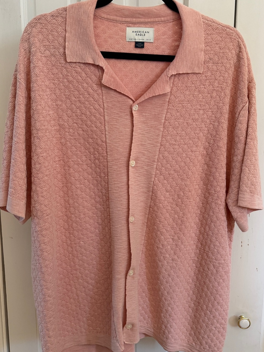 American Eagle Outfitters Peach-Blend Textured Short-Sleeve Button Shirt